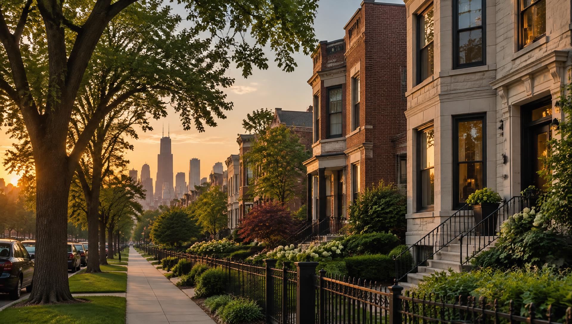 Chicago greystone and brick homes at golden hour